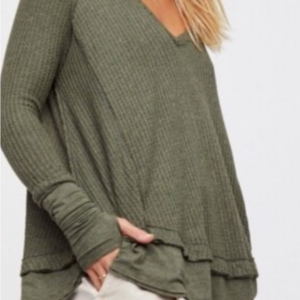 Free People Laguna Thermal Sage Green Waffle Knit V-Neck Top XS